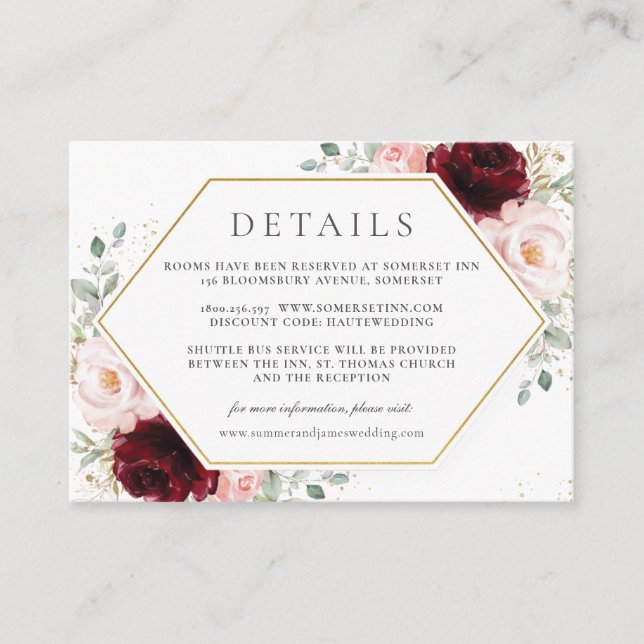 Burgundy Red Blush Pink Floral Wedding Details     Enclosure Card (Front)