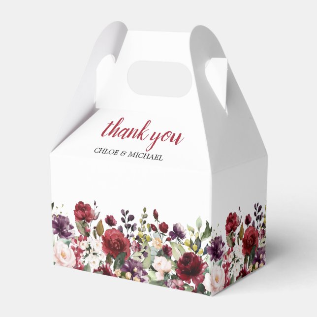 Burgundy Red Blush Pink Floral Wedding Favour Box (Front Side)