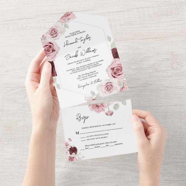 Burgundy Red Blush Pink Floral Wedding with RSVP  All In One Invitation (Tearaway)