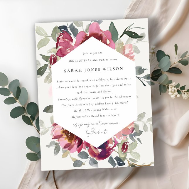 BURGUNDY RED BLUSH ROSE FLORA DRIVE BY BABY SHOWER POSTCARD (Creator Uploaded)