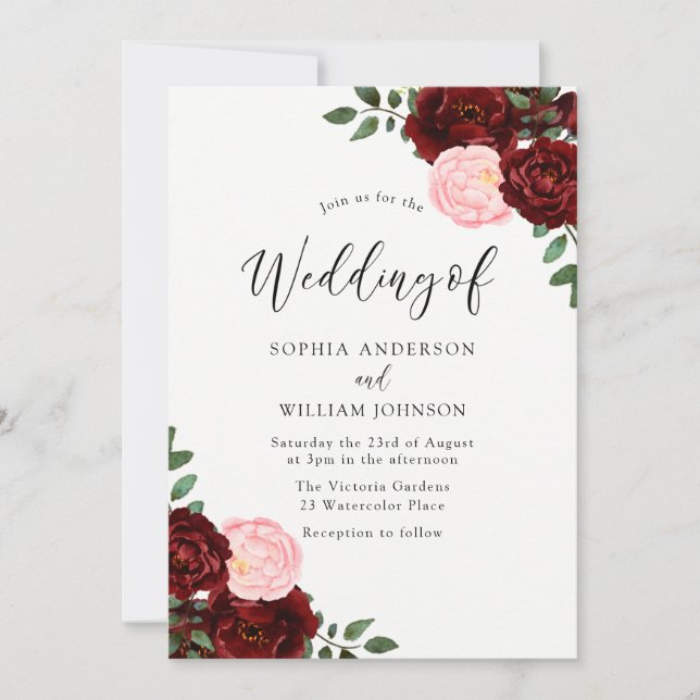 Burgundy Red & Blush Roses Wedding Invitation (Front)