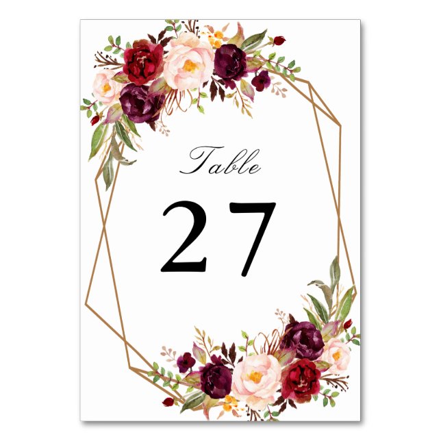 burgundy red & blush watercolor geometric wedding table number (Front)