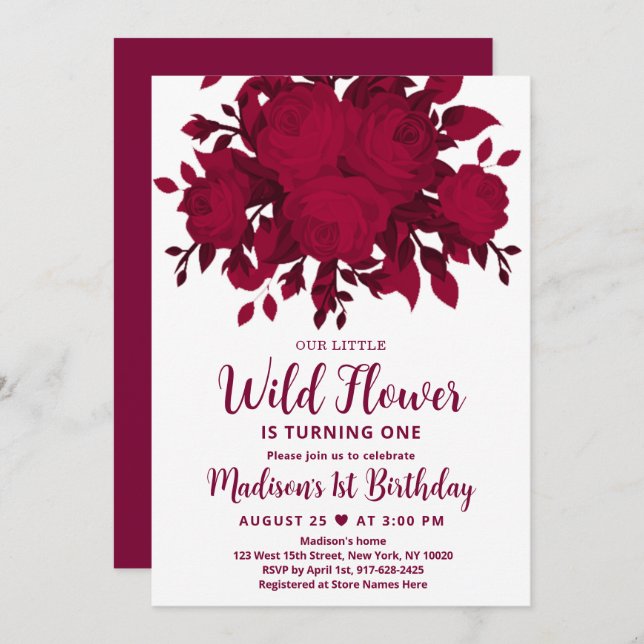 Burgundy Red Blush Wildflower Birthday Invitation (Front/Back)