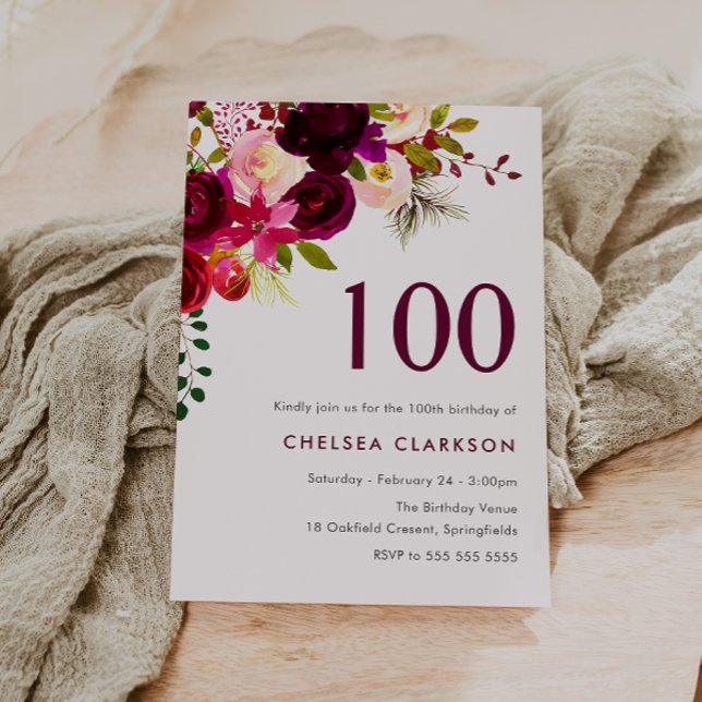 Burgundy Red Boho Floral 100th Birthday Party Invitation (Creator Uploaded)