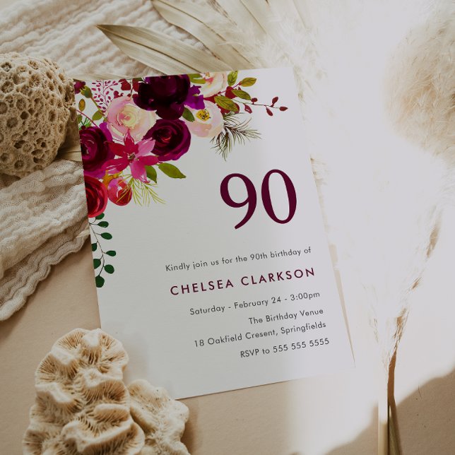 Burgundy Red Boho Floral 90th Birthday Party Invitation (Creator Uploaded)