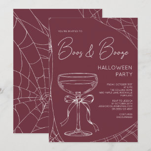 Burgundy Red Boos and Booze Adult Halloween Party Invitation