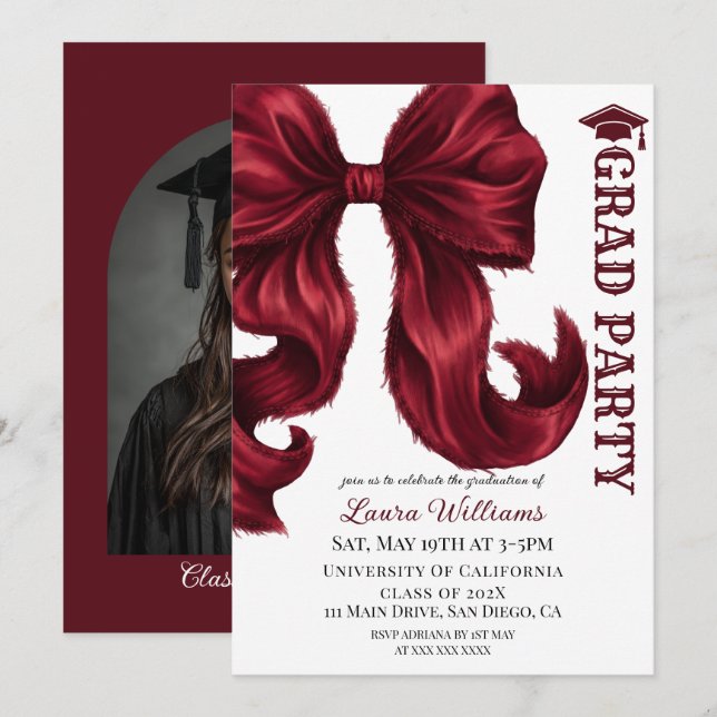 Burgundy Red Bow Graduation Photo Invitation (Front/Back)