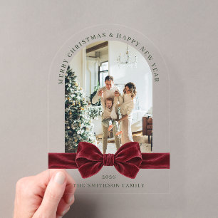 Burgundy Red Bow Photo Christmas Acrylic Card Invitations