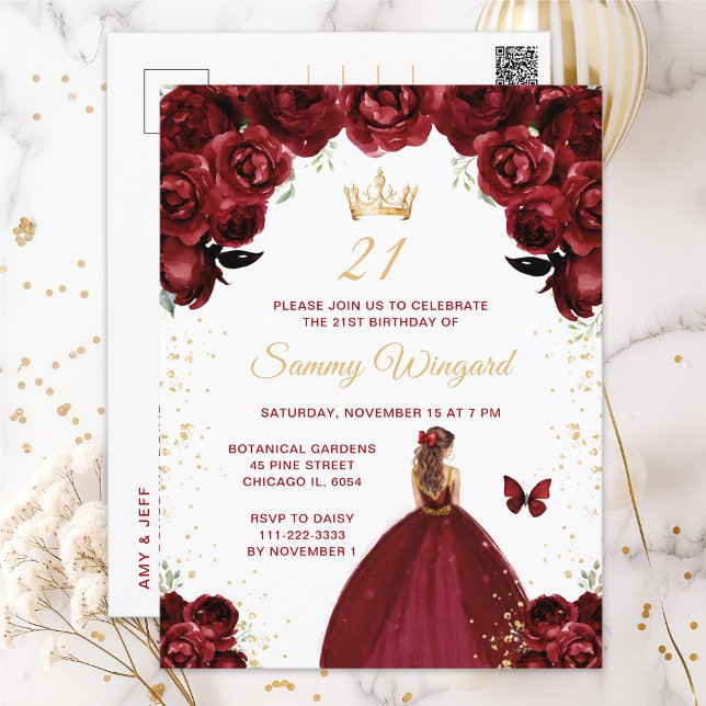Burgundy Red Brown Hair Princess Birthday Party Postcard (Creator Uploaded)