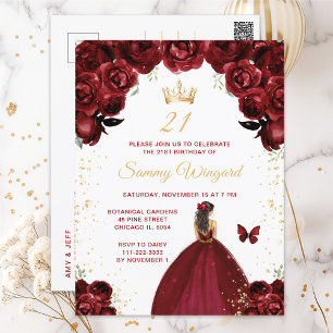 Burgundy Red Brunette Hair Princess Birthday Party Postcard