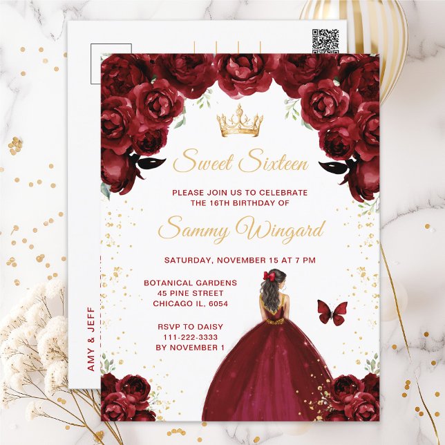Burgundy Red Brunette Hair Princess Sweet Sixteen Postcard (Creator Uploaded)