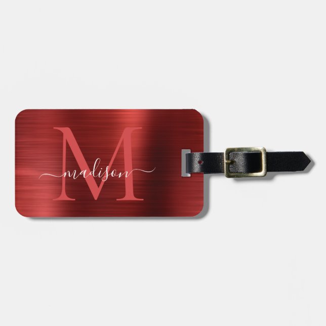 Burgundy Red Brushed Steel Metal Script Monogram Luggage Tag (Front Horizontal)