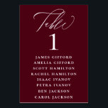 Burgundy Red Calligraphy Seating Chart Table Number<br><div class="desc">Elegant white calligraphy "table",  with guest names listed and table number,  wedding table number seating chart card. Background colour shown in burgundy red,  can be customised.</div>