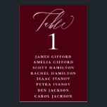 Burgundy Red Calligraphy Seating Chart Table Number<br><div class="desc">Elegant white calligraphy "table",  with guest names listed and table number,  wedding table number seating chart card. Background colour shown in burgundy red,  can be customised.</div>