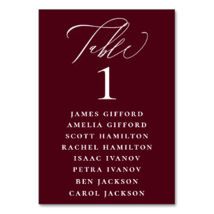 Burgundy Red Calligraphy Seating Chart Table Number