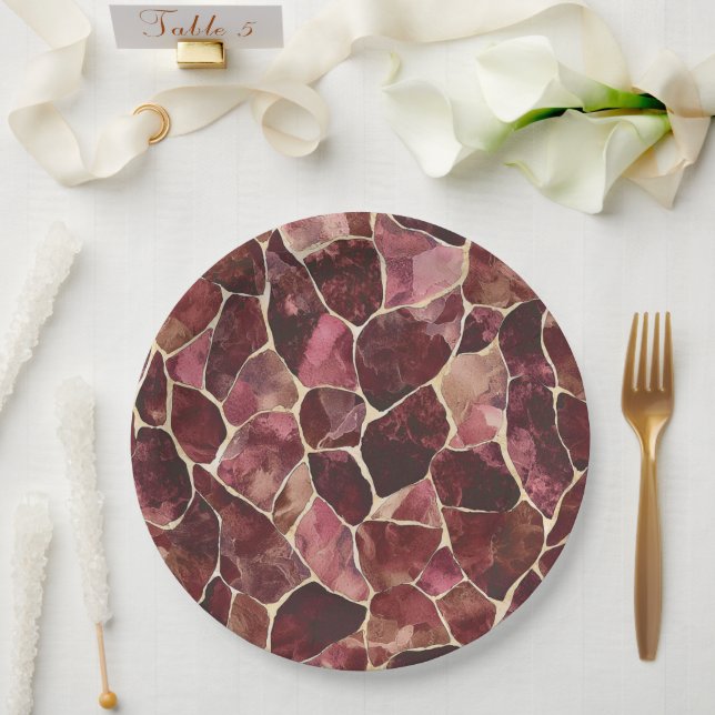 Burgundy Red Chic Abstract   Paper Plate (Wedding)