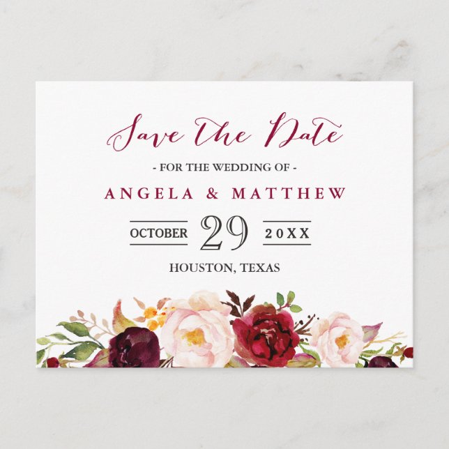 Burgundy Red Chic Floral Wedding Save the Date Announcement Postcard (Front)