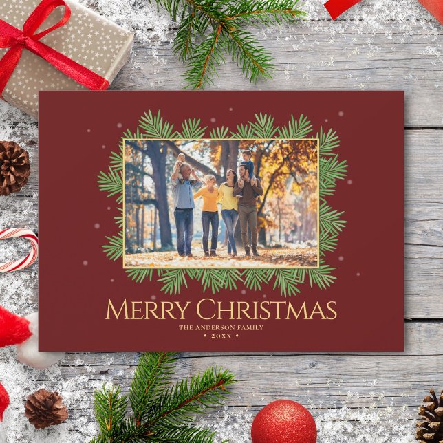 Burgundy Red Christmas Botanical Family Photo Holiday Card (Creator Uploaded)