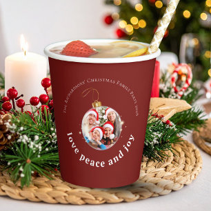 Burgundy Red Christmas Family Photo Love Peace Joy Paper Cups
