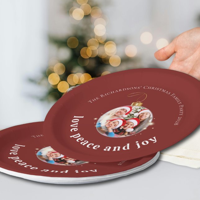 Burgundy Red Christmas Family Photo Love Peace Joy Paper Plate (Creator Uploaded)