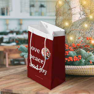 Burgundy Red Christmas Family Photo Love Peace Joy Small Gift Bag