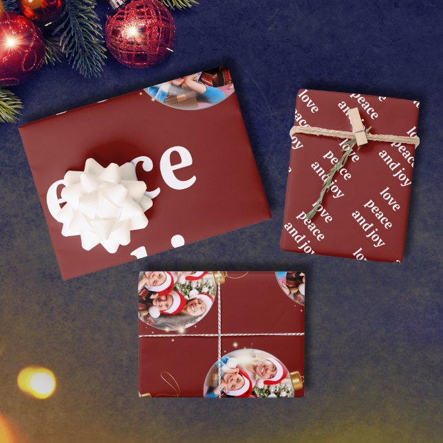 Burgundy Red Christmas Family Photo Love Peace Joy Wrapping Paper Sheet (Creator Uploaded)
