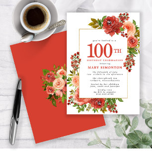 Burgundy Red Coral Pink Rose 100th Birthday Invitation
