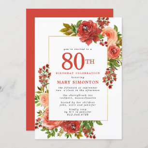 Burgundy Red Coral Pink Rose 80th Birthday Invitation