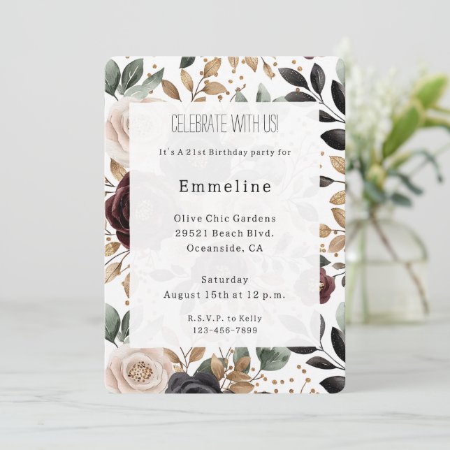 Burgundy Red Cream Floral Birthday   Invitation (Standing Front)