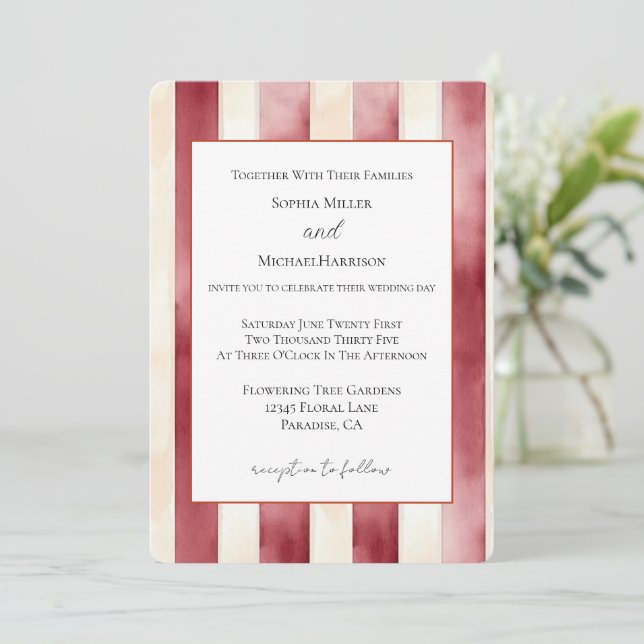 Burgundy Red Cream Stripes Wedding Invitation (Standing Front)