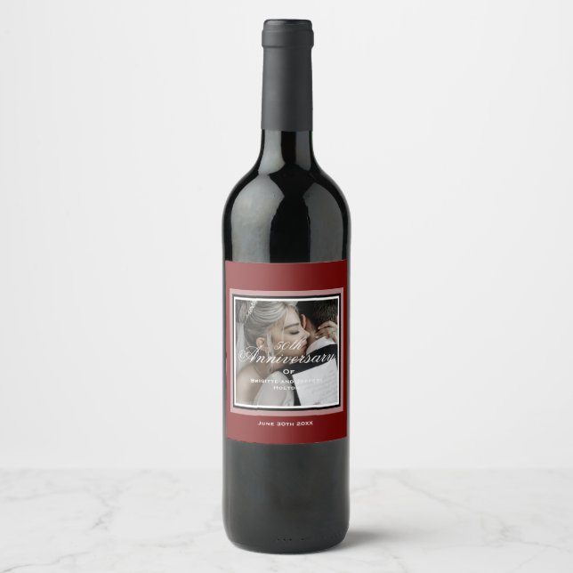 Burgundy red customisable 50th anniversary photo wine label (Front)