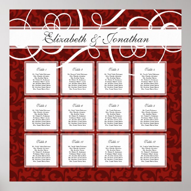 Burgundy Red Damask 12 Wedding Table Seating Chart (Front)