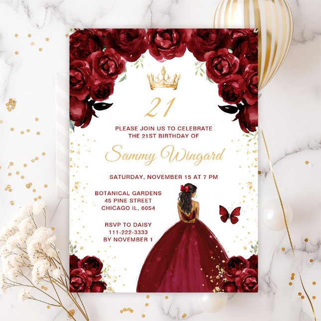Burgundy Red Dark Skin Princess Birthday Party Invitation (Creator Uploaded)