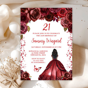 Burgundy Red Dark Skin Princess Birthday Party Invitation