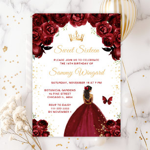 Burgundy Red Dark Skin Princess Sweet Sixteen Invitation