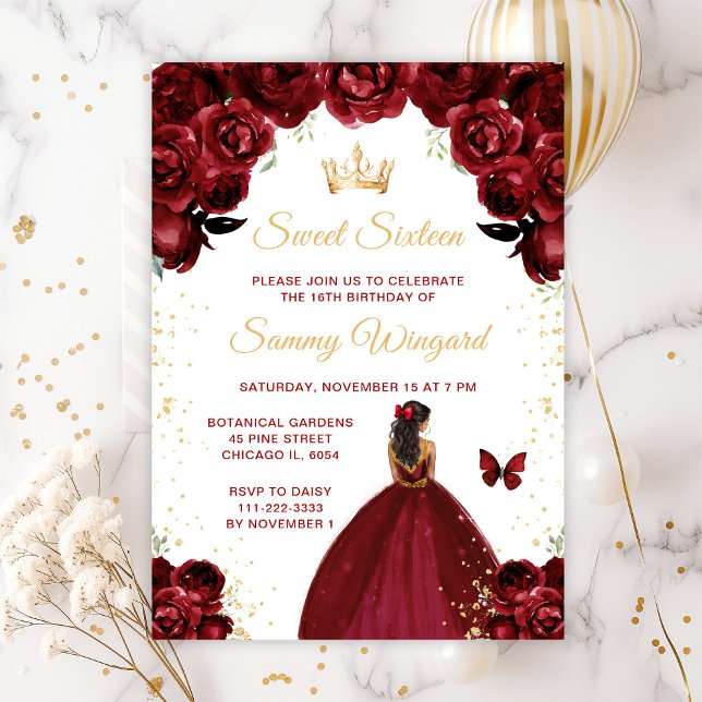 Burgundy Red Dark Skin Princess Sweet Sixteen Invitation (Creator Uploaded)