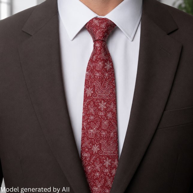 Burgundy Red Doodle Christmas Sleigh Pattern Tie (Creator Uploaded)