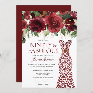 Burgundy Red Dress 90 & Fabulous 90th Birthday Invitation