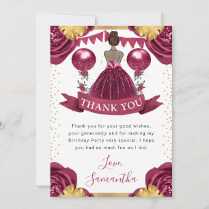 Burgundy Red Dress Dark Skin Princess Birthday Thank You Card