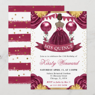 Burgundy Red Dress Dark Skin Princess Quinceanera Invitation