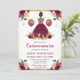 Burgundy Red Dress Dark Skin Princess Quinceanera Invitation