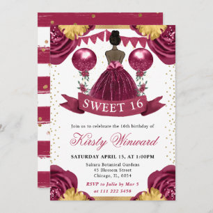 Burgundy Red Dress Dark Skin Princess Sweet 16 Invitation