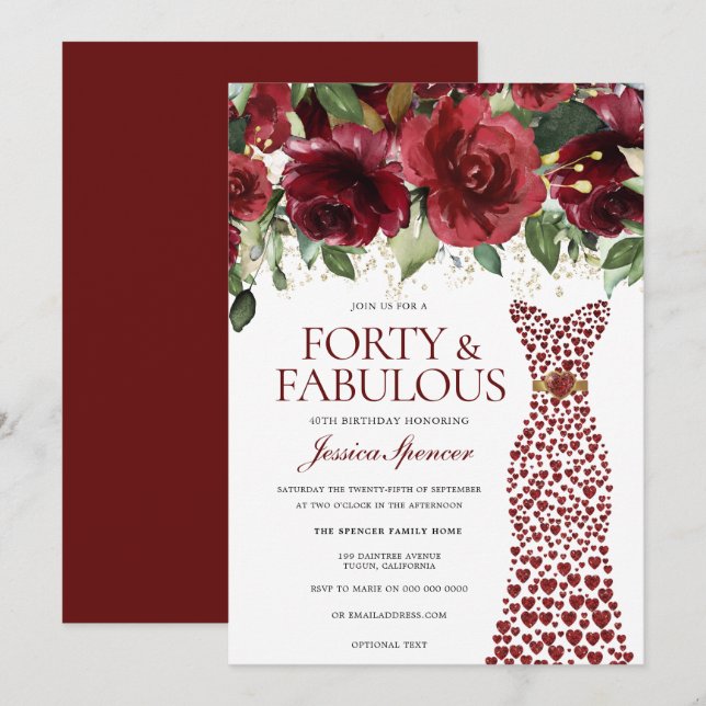Burgundy Red Dress Forty & Fabulous 40th Birthday Invitation (Front/Back)