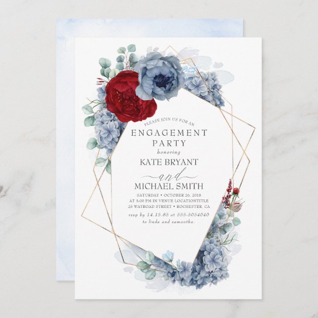 Burgundy Red Dusty Blue Floral Engagement Party Invitation (Front/Back)