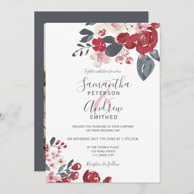 Burgundy red dusty blue floral photo wedding invitation (Front/Back)