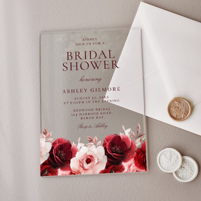 Burgundy Red Elegance: Red Rose Bridal Shower Acrylic Invitations (Creator Uploaded)
