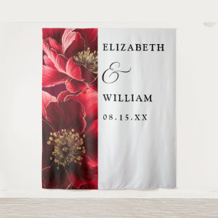 Burgundy Red Elegant Floral Wedding Photo Backdrop Tapestry