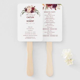 Burgundy Red Elegant Floral Wedding Program Hand Fan