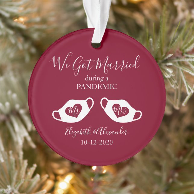 Burgundy Red Elegant Married during Pandemic Photo Ornament (Tree)
