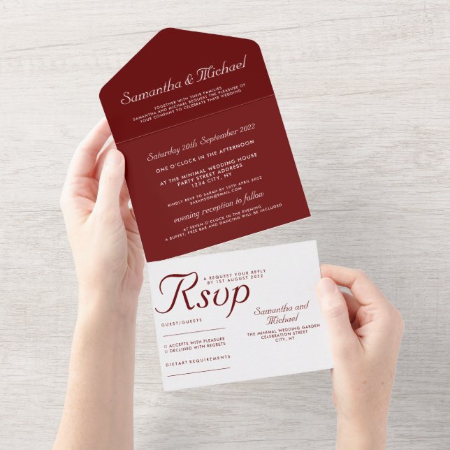 Burgundy Red Elegant Minimalist All-in-One Wedding All In One Invitation (Tearaway)